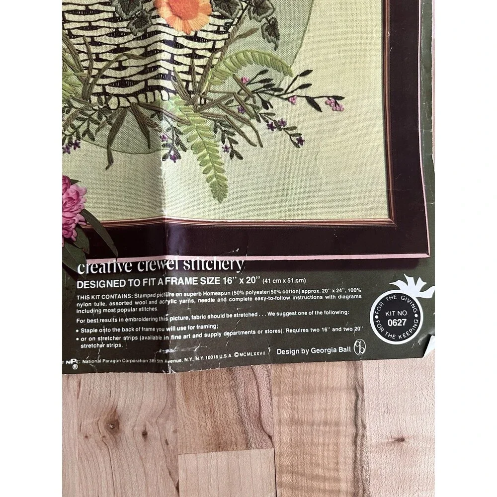 Paragon Crewel Embroidery Kit Floral Basket 16 x 20 Work In Progress